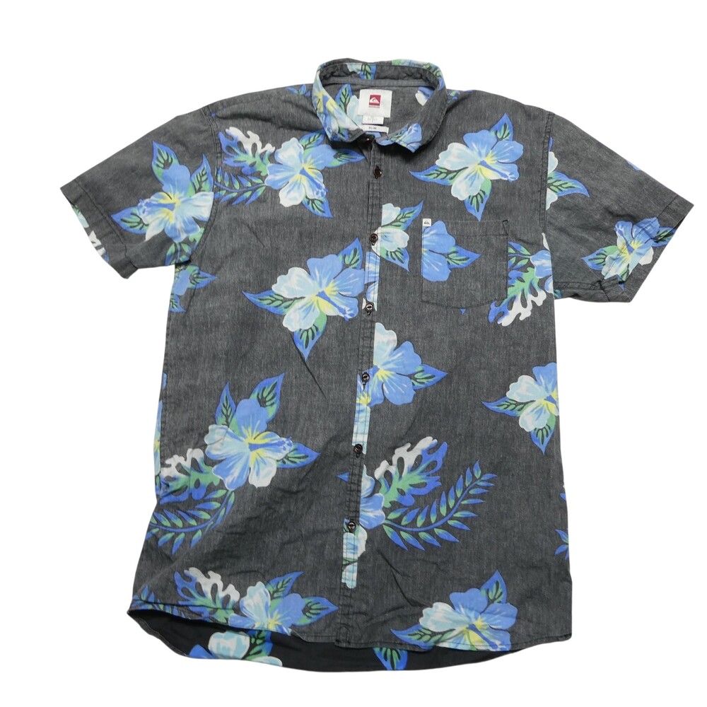 Quiksilver Shirt Mens L Gray Floral Hawaiian Short Sleeve Button Up Slim Casual